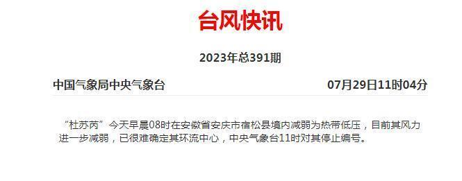中央气象台:热带低压“杜苏芮”于29日11时停止编号_bat365官方网站(图1)